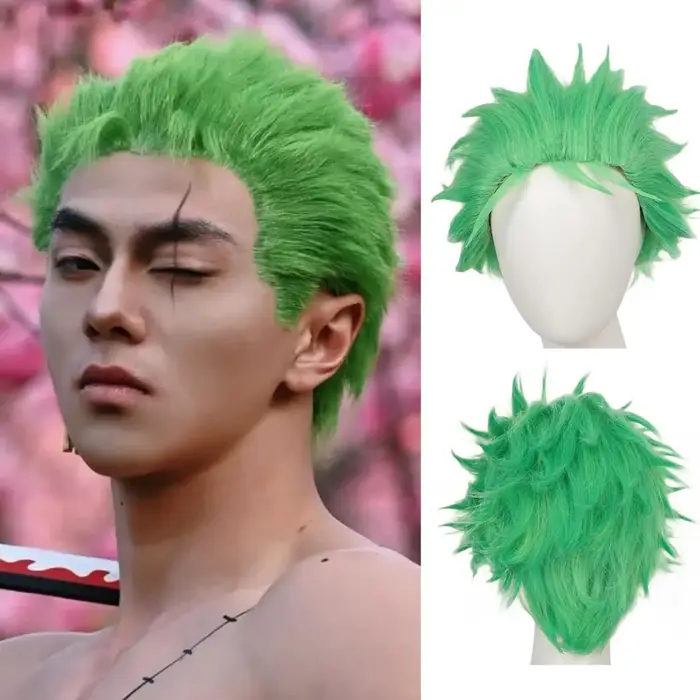 Perruques vertes courtes pour hommes, perruque Zoro vert herbe claire, perruques synthétiques résist