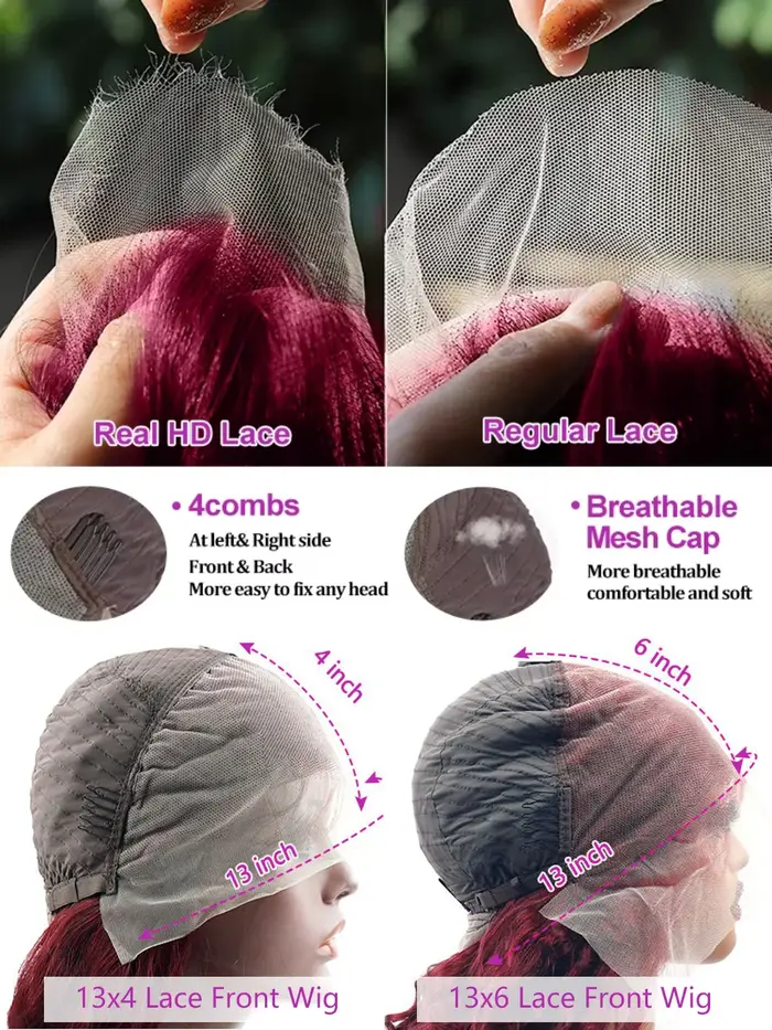 Perruque en cheveux humains longs et raides de couleur rouge, densité 220, Max-lace, 99J Bourgogne, 
