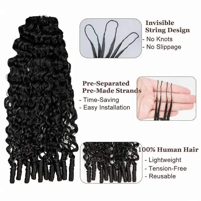 Extensions de cheveux humains bouclés birmans invisibles pré-bouclés avec extrémité spirale, 100 % v