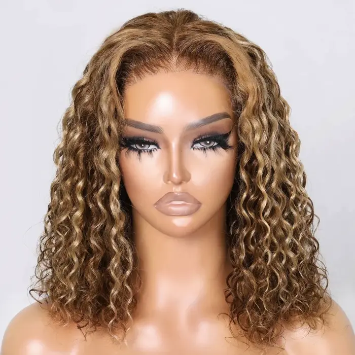 # 4/27 mettre en évidence la perruque sans colle cheveux humains vague profonde BOB perruque prêt à 