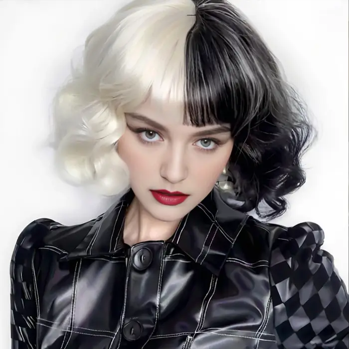 Perruque synthétique courte bouclée Cruella noire et blanche pour femmes
