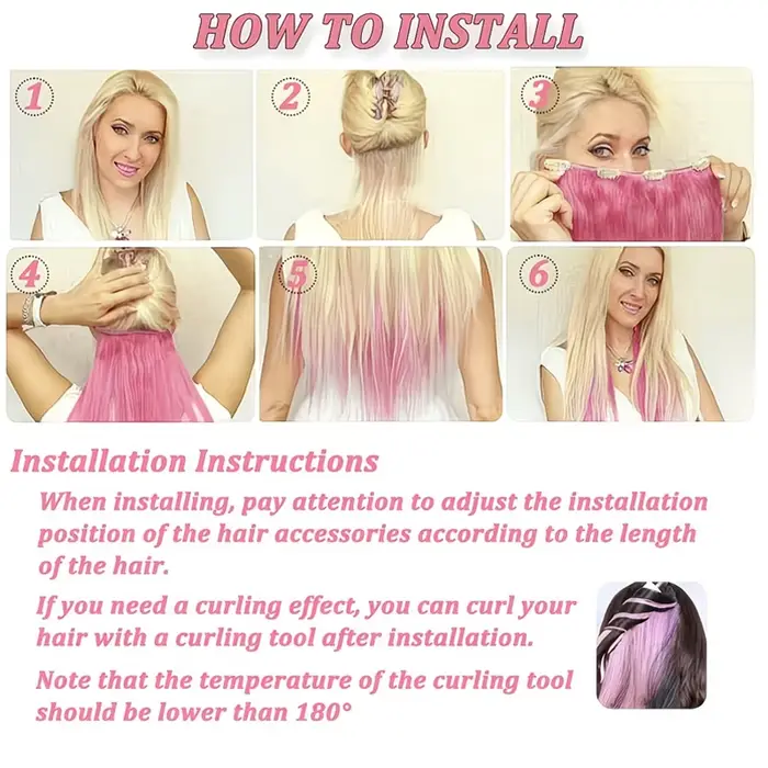 Extensions de cheveux colorées à clipser - Avec cinq clips / Postiche long et lisse en fibre synthétique résistante à la chaleur pour fille