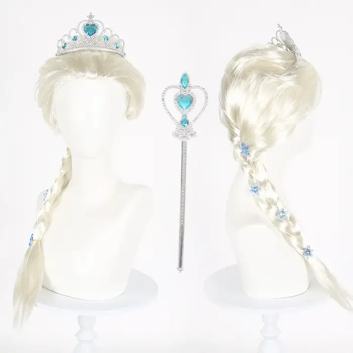 Ensemble de perruques tressées de 70cm de long avec couronne et baguette magique
