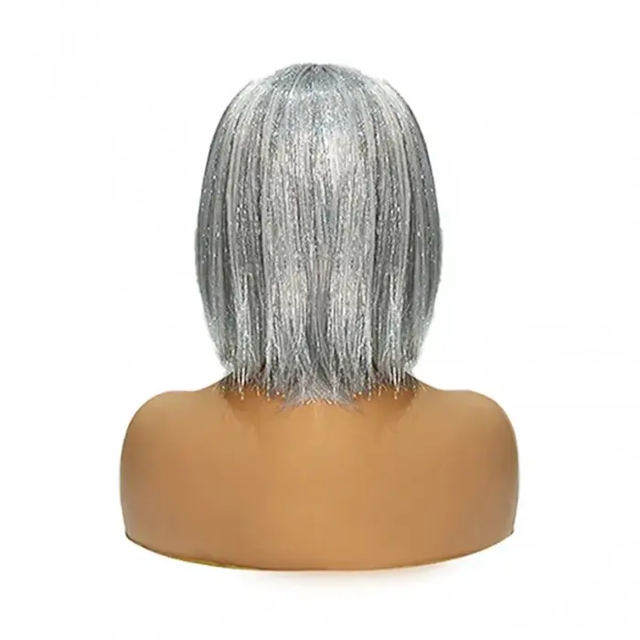 Perruque courte droite gris argenté avec frange droite