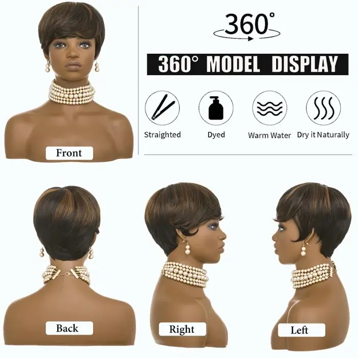 Perruque courte ondulée naturelle noire-brun style pixie avec frange