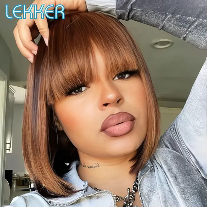Lekker Ombre brun court droit Bob 100% perruque de cheveux humains avec frange pour les femmes brésilien Remy