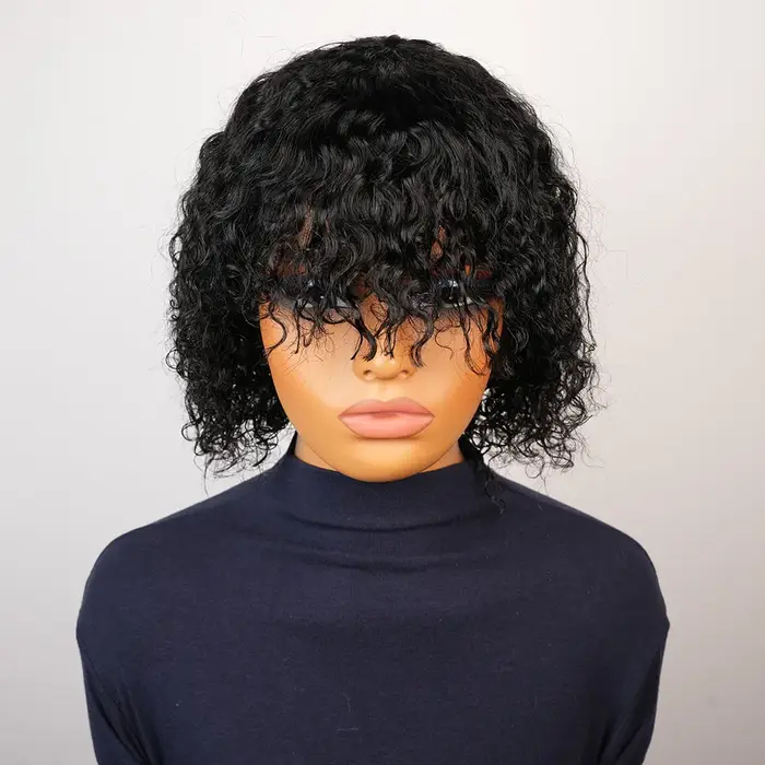 Perruque de cheveux humains crépus bouclés avec frange pour femmes noir 99J bordeaux sans colle courte vague d'eau