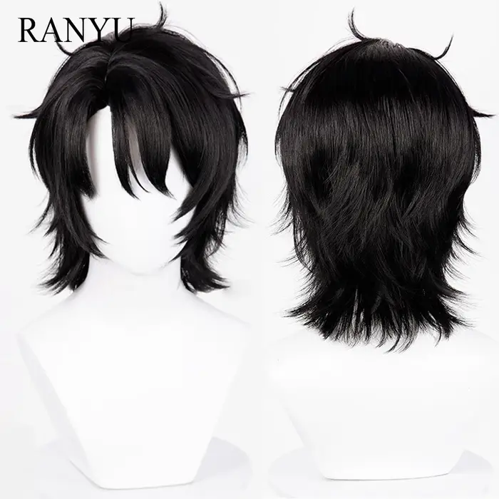 Perruque synthétique courte et lisse noire moelleuse pour hommes, perruque de Cosplay de jeu animé r
