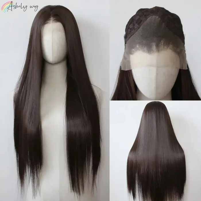 Ashely 13*4 brun foncé synthétique dentelle avant perruques marron longue droite dentelle avant perr