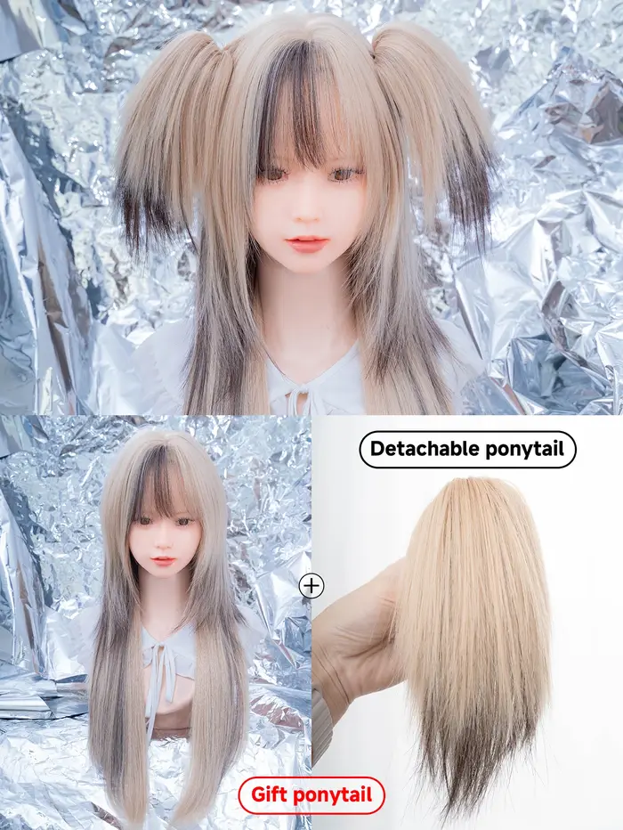 Perruques Synthétiques Mélangées Blondes Noires avec Frange pour Femme