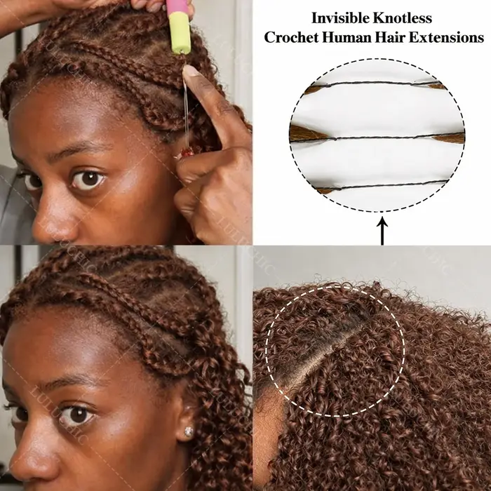 Cheveux humains bouclés crépus bruns pour crochet, invisibles, sans nœuds, pré-séparés, petites spir