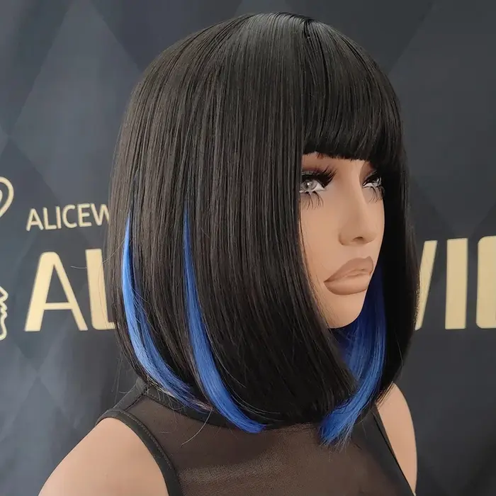 2025 Nouvelle perruque bleue, perruque Bob synthétique bleue mixte noire