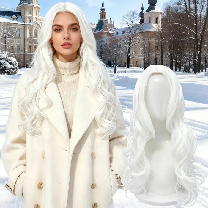Perruque blanche longue ondulée avec partie centrale – Fiber synthétique d'apparence naturelle pour cosplay
