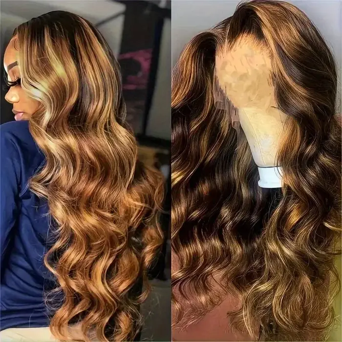 P4/27 mettre en évidence brun vague de corps 13x6 perruque de cheveux humains couleur blond miel 13x