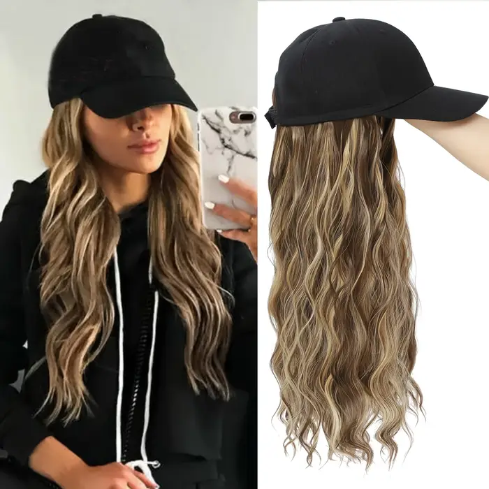 Perruque ondulée bouclée pour femmes de 18 pouces avec casquette de baseball