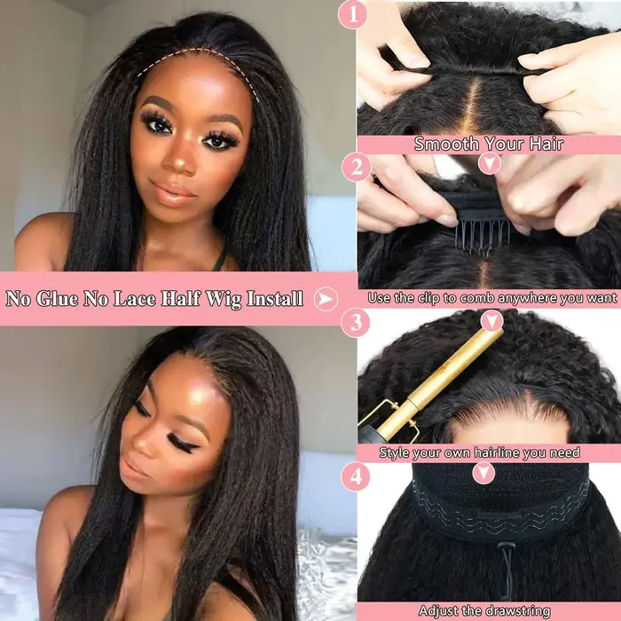 Perruque mi-tête Kinky Straight en cheveux humains, sans colle, prête à porter, 3-en-1, avec cordon 