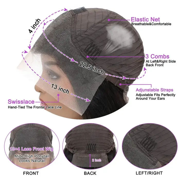 Perruque Lace Frontal Wig naturelle brésilienne, cheveux humains, Body Wave, noir naturel, 13x4 HD, 