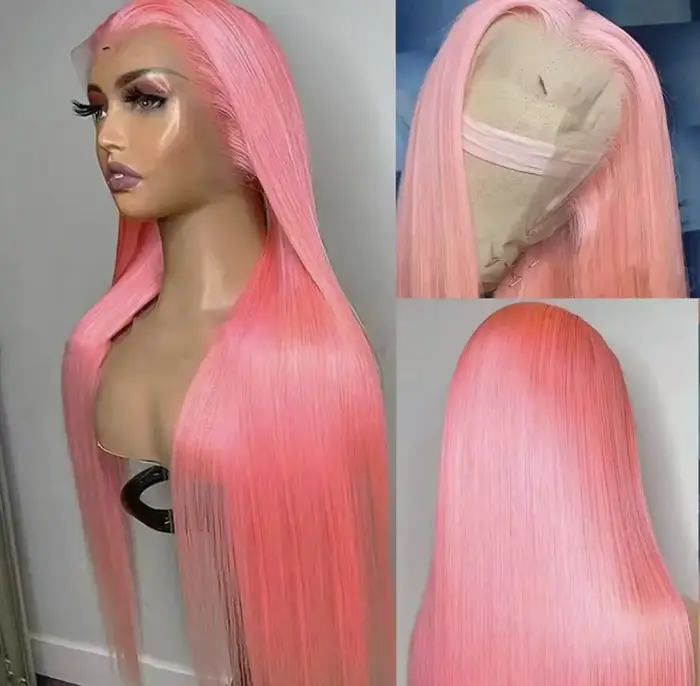 Perruque Lace Frontal Wig synthétique lisse et soyeuse de couleur rose