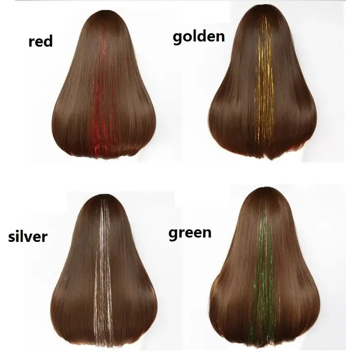 150 mèches de tinsel coloré scintillant pour extensions de cheveux