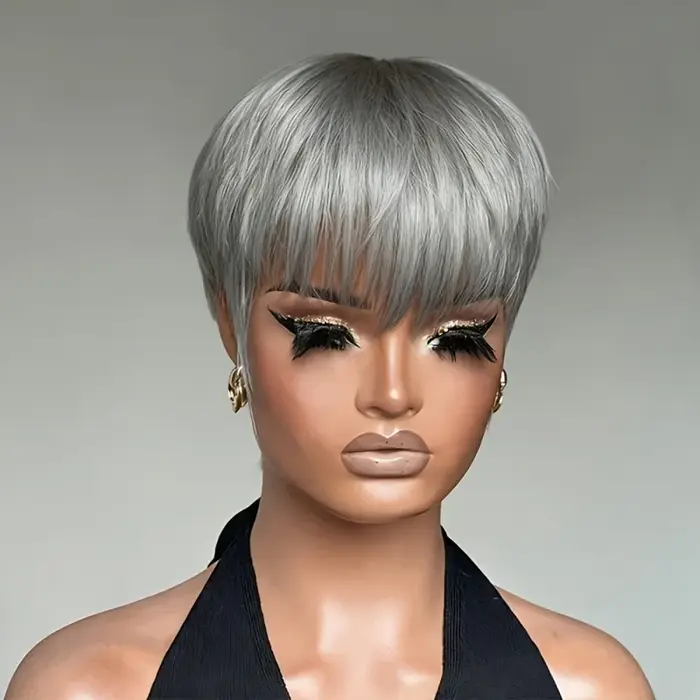 Perruque de cheveux humains - Pixie courte de 6 pouces avec gris # Couleur