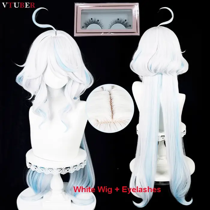 Perruque de cosplay Fontaine Focalors Furina, perruques longues de 100 cm, blanches et bleues, bouclées et ondulées, résistantes à la chaleur, pour cosplay d'anime + bonnet de perruque