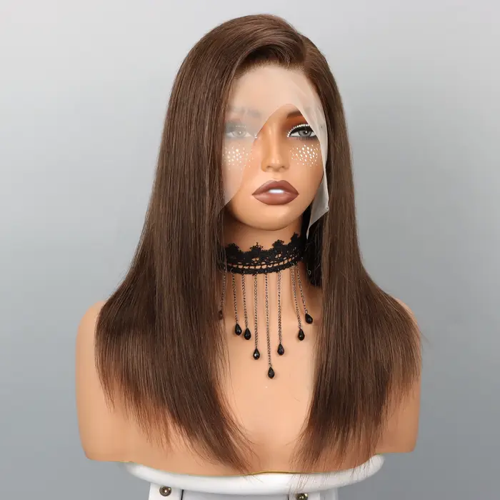 Perruque Lace Front 13x4 Bob Cheveux Humains Bruns Lisses Densité 180% Perruques Frontales en Dentelle Transparente