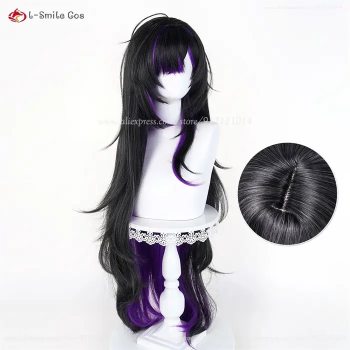 Étiquette NIKKE Perruque de cosplay synthétique résistante à la chaleur, 100cm, noir et violet mélangé, pour femmes, Anime Cosplay, Halloween