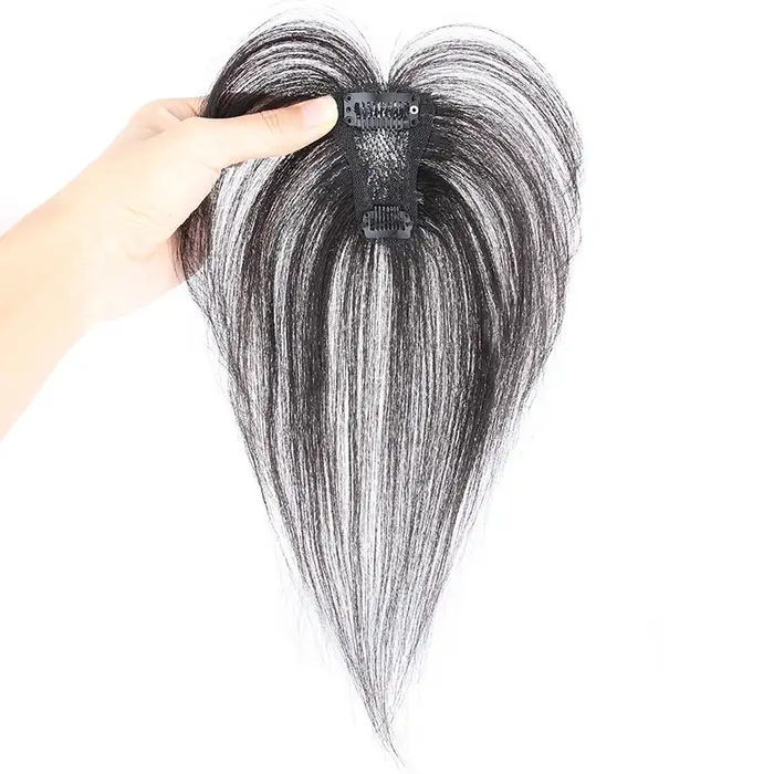 Postiche tissée à la main pour femmes, haut de la tête, couvrant volumineux, cheveux gris, vrais cheveux humains, cheveux complets sans couture, sans Trace