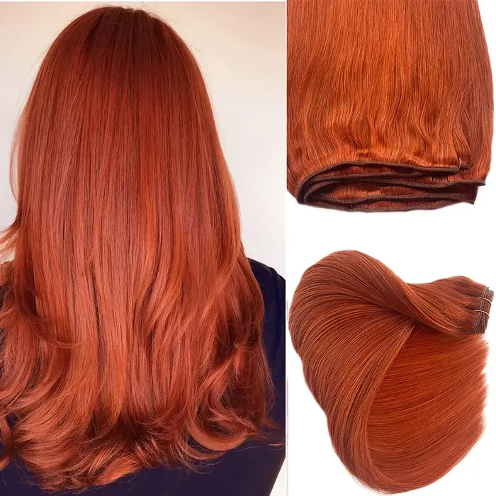 Extensions de cheveux naturels en gingembre à clipser, pointes épaisses et complètes avec clips dura