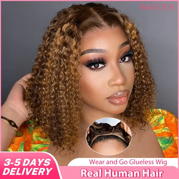 Perruque Bob Lace Front Wig naturelle sans colle, cheveux humains, blond miel, pre-plucked, pré-coup