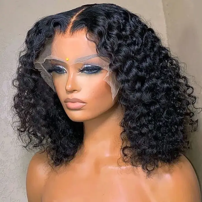 Perruque BOB Lace Front Wig naturelle bouclée, cheveux humains, 13x4 HD, pre-plucked, transparente, 