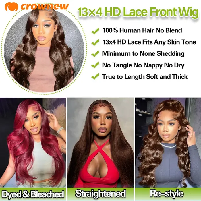 Perruque Lace Front Wig naturelle Body Wave marron chocolat