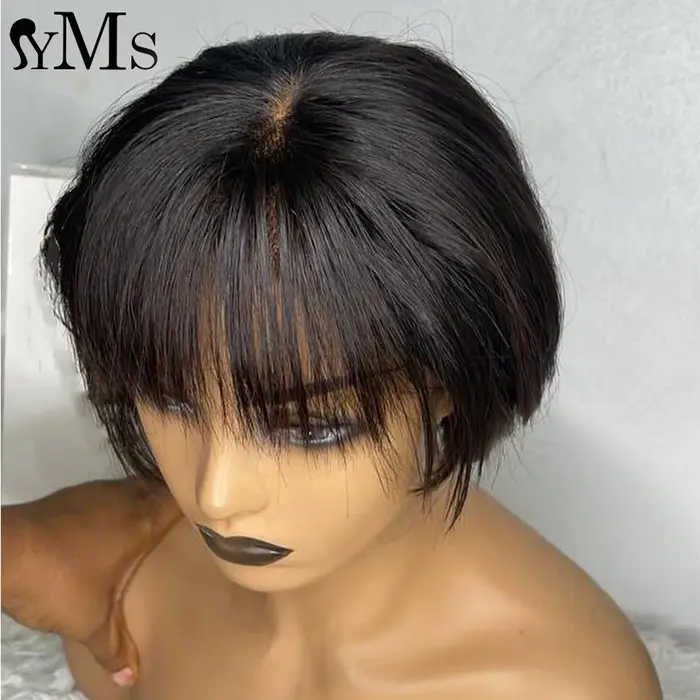 Perruques de cheveux humains bruts Bob d'été lisses bon marché avec frange pour femme YMS courte droite Pixie Bob 13x4 4x4 perruque avant de fermeture de dentelle