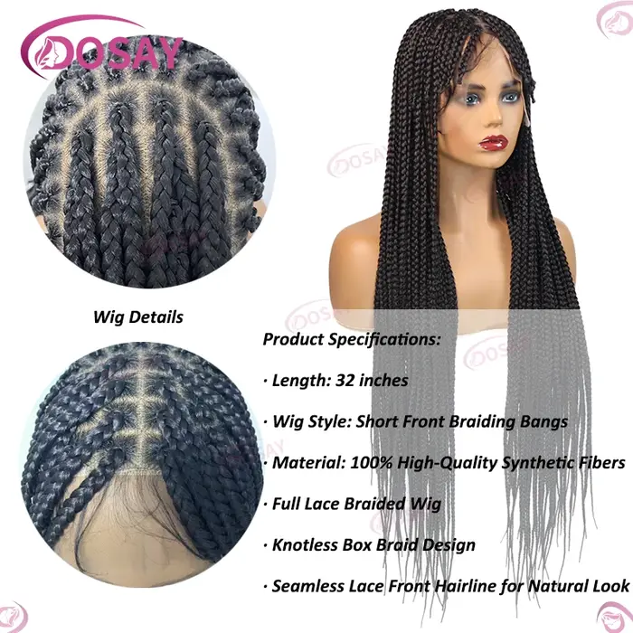 Perruque Synthétique Tressée avec Frange pour Femme Noire
