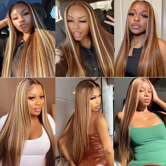 180% P4/27 Ombre brun mettre en évidence droite perruque de cheveux humains 100% cheveux humains 13x