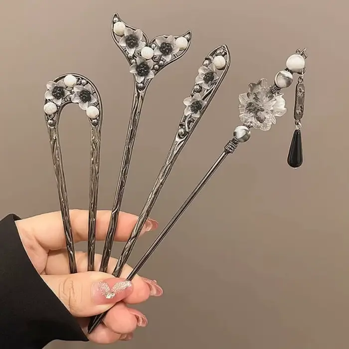 Épingle à cheveux à fleurs de Style néo-chinois, bâton de cheveux à pampilles de fleurs colorées pou