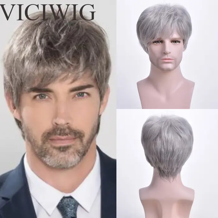 Perruque Synthétique Courte Droite Grise Argentée pour Homme