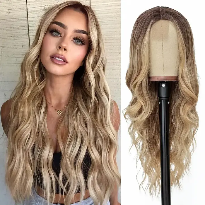 Perruque Lace Wig synthétique longue en soie mate, perruque ondulée Blonde platine ombrée pour femme