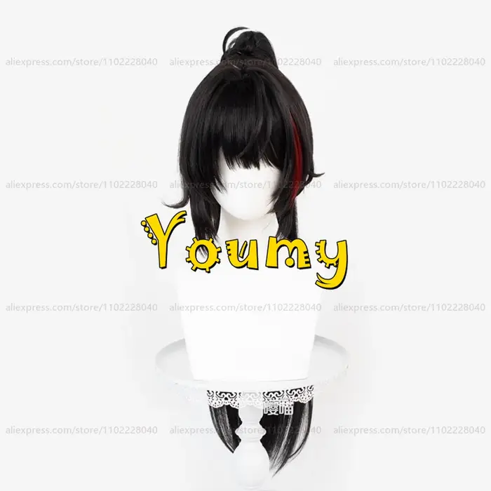 Perruque Nikke Bay avec queue de cheval, 65 cm de long, noire et rouge, perruque synthétique résista