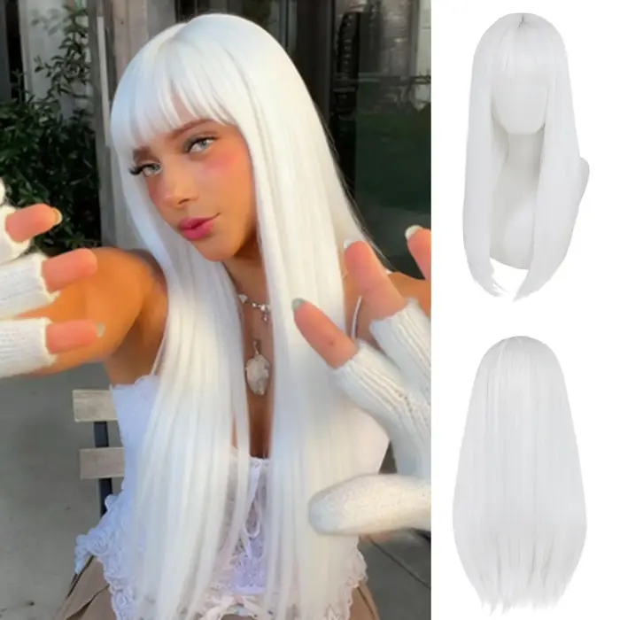 Perruque synthétique longue et lisse blanche pour femmes