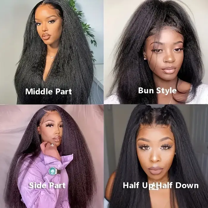 Perruque Yaki lisse crépue avec raie en V, cheveux naturels sans colle, couleur noire naturelle, san