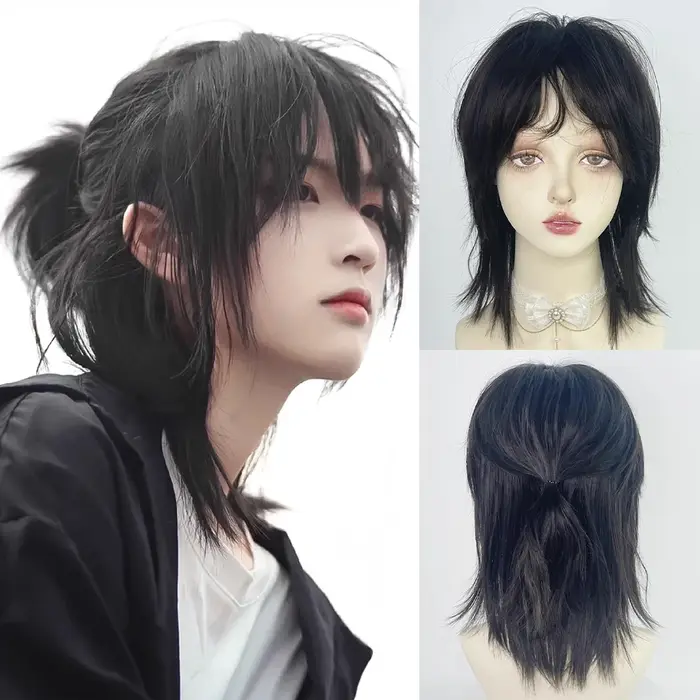 Perruque synthétique courte et lisse noire avec frange pour hommes