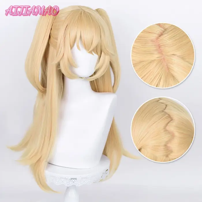 Nouveau! Fischl Cosplay perruque Fischl perruque longue 65 cm cheveux dorés résistant à la chaleur s