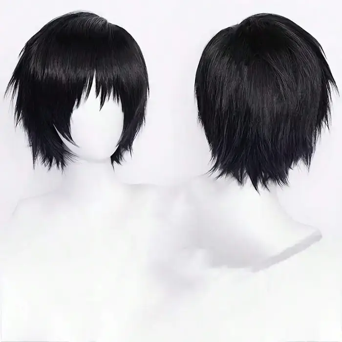 Perruque noire style anime avec frange, style synthétique court et lisse résistant à la chaleur pour