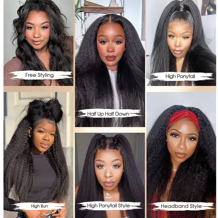 Perruque mi-tête Kinky Straight en cheveux humains, sans colle, prête à porter, 3-en-1, avec cordon 
