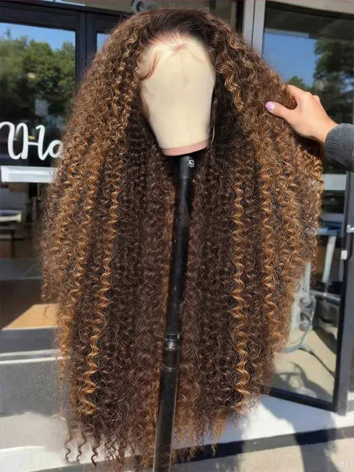 Perruques complètes en cheveux humains naturels P4/27, couleur miel, bouclées, avec dentelle frontal