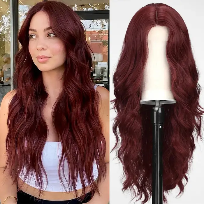 Perruque synthétique couleur vin rouge avec grandes boucles pour Halloween, cosplay, jeux de rôle, f