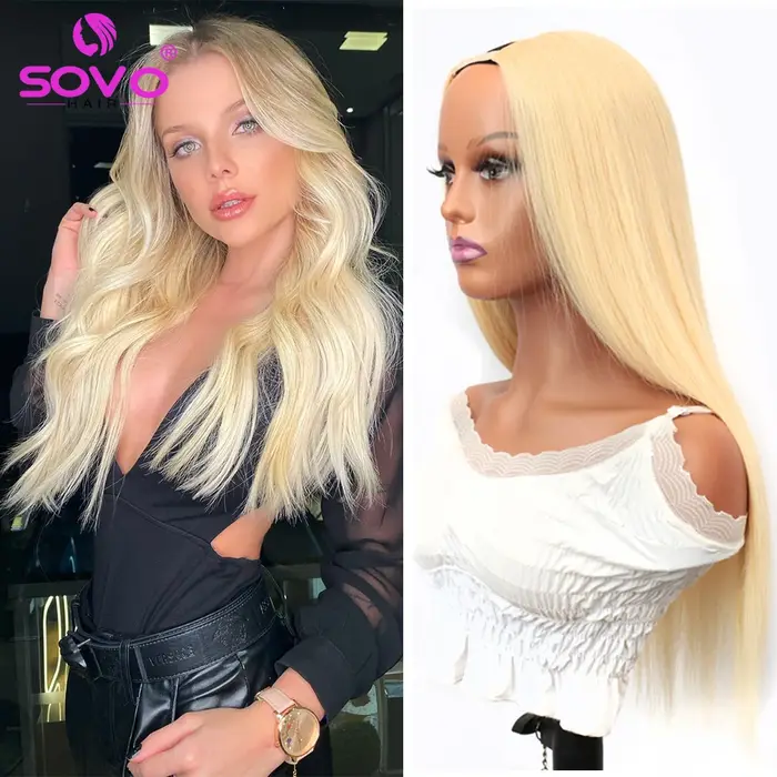 U partie perruques de cheveux humains Remy 180 densité blond cendré ouverture demi perruques pour le