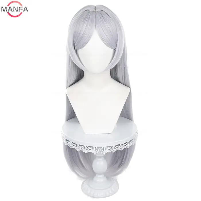 Perruque de Cosplay Frieren de haute qualité, perruques synthétiques blanches argentées de 85CM de L