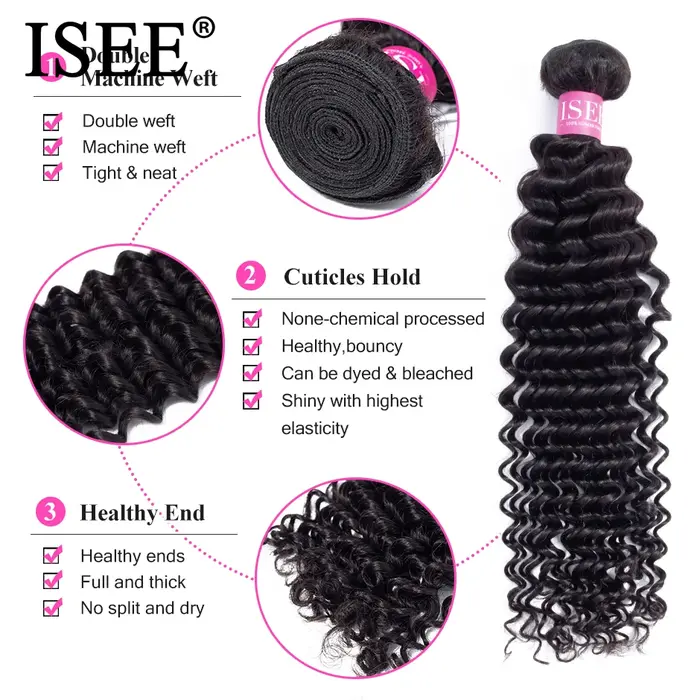 Tissage en lot Deep Wave brésilien 100% naturel-ISEE HAIR, extension de cheveux, lots de 3/4